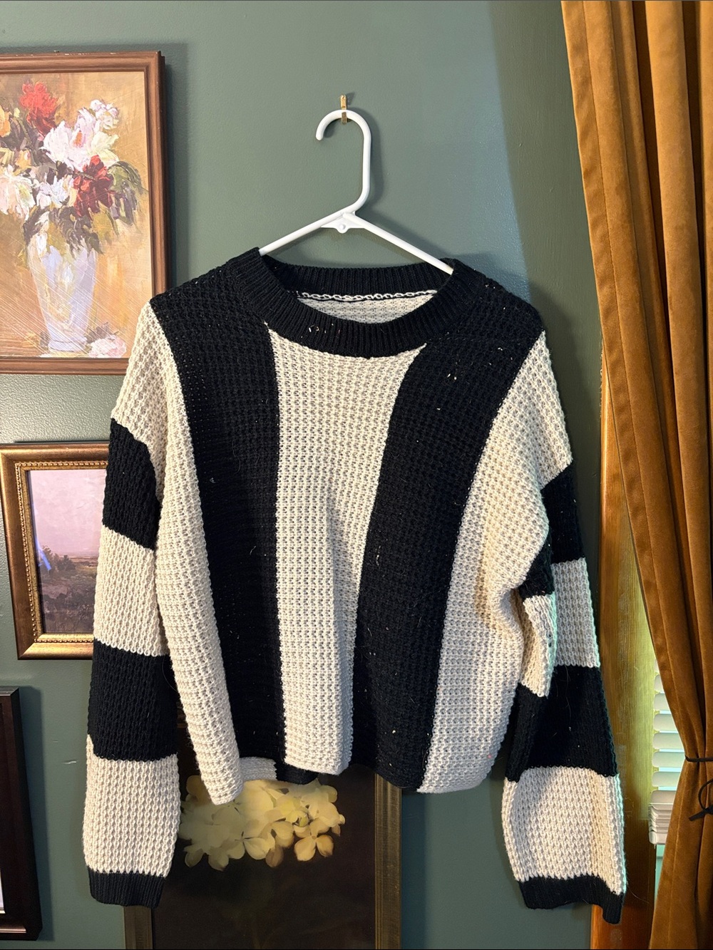 Black and Cream Striped Crewneck Sweater - Women